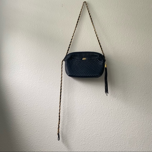 Vintage Navy Quilted Leather Gold Chain Strap Tassel Shoulder handbag crossbody - Picture 14 of 16